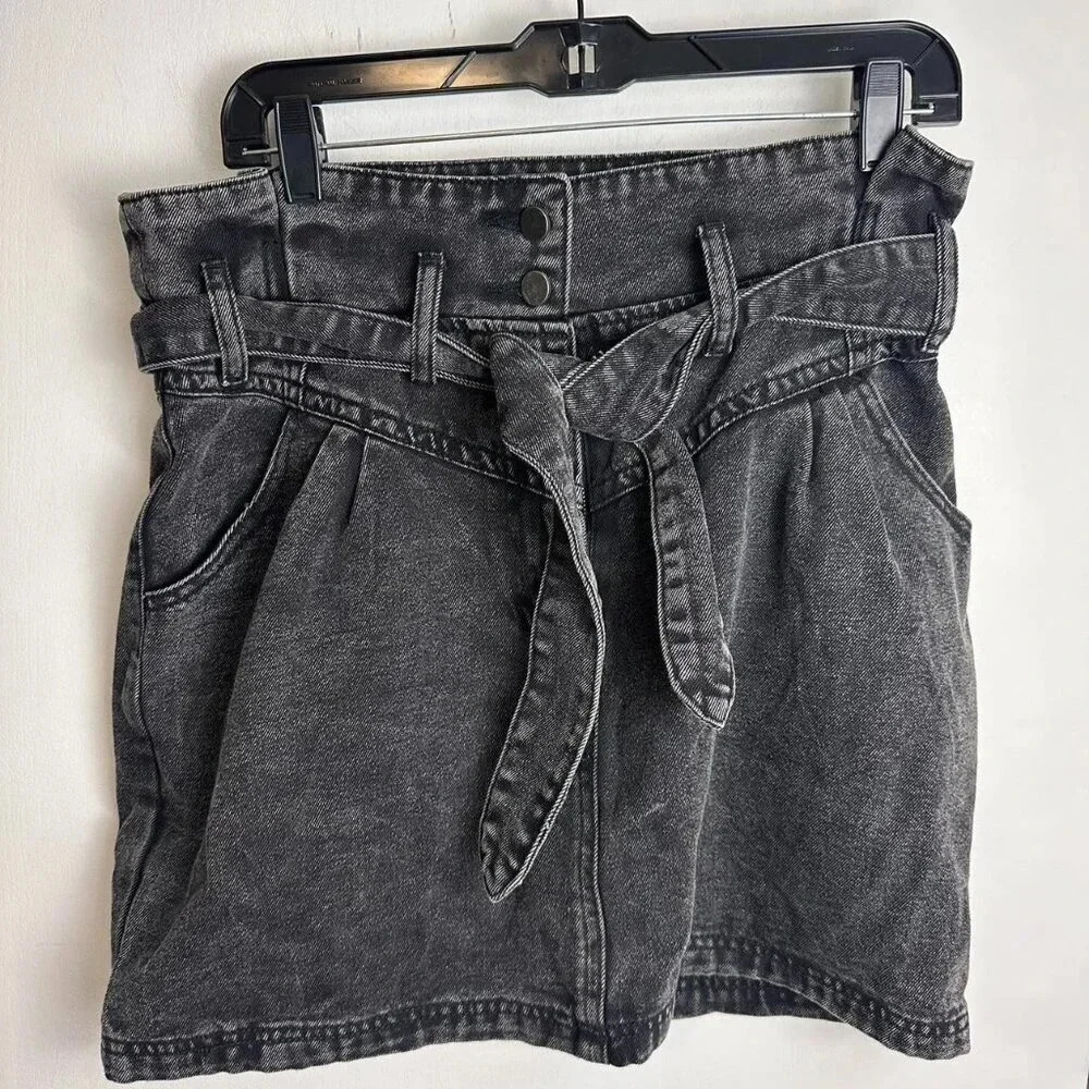 Black Preppy Paper Bag Denim Skirt with Tie by Gilli size L #1005